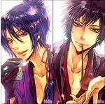  bian_(artist) black_eyes black_hair blue_eyes drink gloves heterochromia hibari_kyouya katekyou_hitman_reborn purple_hair red_eyes ribbon rokudou_mukuro short_hair 