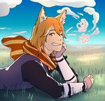  animal_ears cloud darlinggrim day fire_emblem fire_emblem_if flower fox_ears grass male_focus nishiki_(fire_emblem_if) one_eye_closed orange_eyes orange_hair outdoors scarf sky solo teeth 