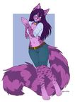  5_fingers ajna anthro blue_eyes breasts clothed clothing collar digitigrade female fluffy fluffy_tail fur hair katida mammal midriff navel open_mouth purple_fur purple_hair purple_stripes smile solo standing striped_fur stripes wdie_hips 