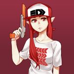  absurdres baseball_cap breasts fujie_yamato hat highres humanization inkling looking_at_viewer medium_breasts n-zap_(splatoon) nes_zapper parted_lips pointy_ears red_background red_eyes red_hair shirt simple_background solo splatoon_(series) splatoon_1 t-shirt 