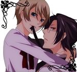  alois_trancy black_hair blonde_hair blue_eyes claude_faustus couple glasses hug kuroshitsuji red_eyes ribbon short_hair smile suit yaoi 