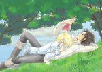  black_hair blonde_hair book boots couple kyou_kara_maou! pants shibuya_yuuri short_hair sky sleeping smile tree wolfram_von_bielefeld yaoi 