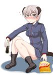  animal_ears bangs black_footwear blush boots bottle chips coca-cola cross-laced_footwear dog_ears dog_tail eating food green_eyes highres holding laura_toth looking_at_viewer military military_uniform no_pants potato_chips short_hair silver_hair sitting solo tail uniform wan'yan_aguda world_witches_series 