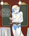  alcohol beverage blonde_hair bow_tie briefs bulge candle champagne clothed clothing cute dialogue fur green_eyes hair male mammal martini milo_nettle money mustelid nipples otter partially_clothed shy signature slink_(character) streaked_hair table text twink underwear white_fur 