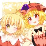  :d ;) aki_minoriko aki_shizuha autumn_leaves bad_id bad_pixiv_id black_bow blonde_hair blush bow chako_(chakoxxx) closed_mouth eyebrows eyebrows_visible_through_hair food fruit grapes hair_ornament hat highres leaf_hair_ornament looking_at_viewer mob_cap multiple_girls one_eye_closed open_mouth red_eyes short_hair siblings sisters smile touhou upper_body yellow_eyes 