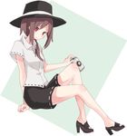  arm_support black_footwear black_hat can hair_over_shoulder hat high_heels holding holding_can invisible_chair legs long_hair looking_at_viewer ponytail red_eyes sandals shiroshi_(denpa_eshidan) shoes simple_background sitting solo touhou usami_renko 