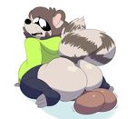  2016 anthro balls big_balls black_skin bottomless butt clothed clothing fur goonsey goonsey_(artist) hair huge_balls legwear male mammal open_mouth raccoon simple_background sitting solo sweater thigh_highs 