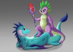  2016 anthro claws dragon duo exelzior-maximus friendship_is_magic green_eyes holding_object horn my_little_pony princess_ember_(mlp) red_eyes scalie scepter smile spike_(mlp) toe_claws wings 