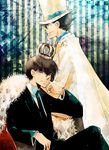  black_hair blue_eyes brown_hair cape crown hat kudou_shinichi kuroba_kaitou meitantei_conan short_hair smile suit tie 