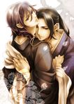  black_eyes black_hair blue_eyes braids brown_hair couple hijikata_toshizou hug japanese_clothes ponytail saitou_hajime sakura smile yaoi 