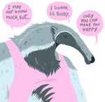  2015 anteater anthro black_fur claws clothed clothing digital_media_(artwork) dramamine english_text eyes_closed front_view fur grey_fur male mammal multicolored_fur shirt simple_background solo speech_bubble tank_top text white_background 