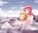  barefoot blonde_hair blush breasts closed_eyes cloud collarbone day floating_breasts highres large_breasts massage minust multiple_girls navel nipples no_hat no_headwear nude onsen pink_eyes pink_hair saigyouji_yuyuko short_hair sitting sky steam touhou yakumo_yukari yuri 