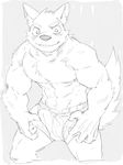  abs blush bulge canine clothing erection looking_at_viewer male mammal monochrome muscular pecs royalsobatya simple_background solo tenting underwear white_background 