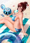  arm_support ass beach beach_towel bikini blue_bikini breasts brown_hair butt_crack cleavage glasses hair_bun hair_ornament hair_stick highres ice large_breasts looking_at_viewer mei_(overwatch) overwatch sand seashell shell sitting solo starfish swimsuit tongue tongue_out torn_s towel 