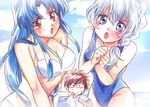  2girls bikini blue_eyes blue_hair braid brown_eyes chibi chidori_kaname full_metal_panic! long_hair medu_(rubish) multiple_girls sagara_sousuke scar school_swimsuit school_uniform silver_hair swimsuit teletha_testarossa white_bikini 