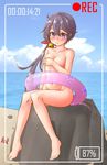  :t akebono_(kantai_collection) barefoot beach bell blush commentary covering covering_breasts crab embarrassed flower hair_bell hair_flower hair_ornament highres innertube jingle_bell kantai_collection long_hair looking_at_viewer navel nose_blush nude outdoors purple_eyes purple_hair recording side_ponytail sitting solo tears very_long_hair viewfinder wet wet_hair yuki_to_hana 