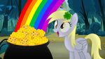  blonde_hair clover cutie_mark derpy_hooves_(mlp) equine feathered_wings feathers female feral food friendship_is_magic fur greenmachine987_(artist) grey_feathers grey_fur hair horse mammal muffin my_little_pony pegasus pony pot_of_gold rainbow shamrock solo wings 