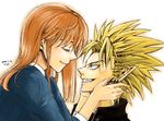  1girl 2014 anezaki_mamori artist_name blazer blonde_hair brown_hair closed_eyes collared_shirt couple dated earrings eyeshield_21 face-to-face grin hand_on_another's_face hetero hiruma_youichi hug jacket jewelry pointy_ears pointy_nose portrait profile school_uniform sharp_teeth shirt short_hair smile spiked_hair teeth turtleneck ueda-pix white_background 