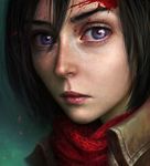  black_hair blood blood_on_face blue_eyes eyebrows eyelashes eyes highres jolakotturinn lips looking_at_viewer mikasa_ackerman portrait realistic scarf shingeki_no_kyojin short_hair solo 