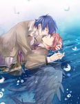  angel_beats blue_hair couple feather hand_holding hinata hug orange_hair otonashi sad seifuku short_hair tie water wings yaoi 