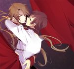  brown_eyes brown_hair couple hug koizumi_itsuki kyon long_hair ponytail ribbon short_hair smile the_melancholy_of_haruhi_suzumiya uniform yaoi 