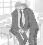  couple hanamura_yousuke hand_holding kiss monochrome persona_4 seifuku short_hair sketch souji_seta yaoi 