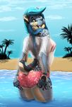  2016 anthro beach bikini black_fur black_markings black_nose blue_eyes blue_fur blue_hair blue_sky butt clothed clothing cloud day detailed_background digital_media_(artwork) facial_markings fangs feline female fur hair kylani kyma long_hair looking_back mammal markings multicolored_fur multicolored_hair off_shoulder outside palm_tree partially_submerged pink_bottomwear pink_topwear portrait rear_view saber-toothed_cat sabertooth_(feature) sand seaside sheer_clothing shirt short_tail sky solo standing swimsuit three-quarter_portrait translucent transparent_clothing transparent_topwear tree two_tone_hair water wet_shirt whiskers yellow_fur 