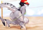  beach butt carmine_(sorimori) clothing female fireflufferz fish hat looking_at_viewer looking_back marine pussy sand seaside shark smile snapback solo sport swimsuit teeth volleyball 