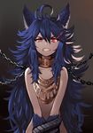  animal_ears blue_hair bound bound_wrists chain clenched_teeth commentary_request fang fenrir_(shingeki_no_bahamut) flat_chest glowing glowing_eyes granblue_fantasy jewelry long_hair looking_at_viewer necklace omaru_gyuunyuu paws red_eyes shingeki_no_bahamut simple_background solo spiked_hair tail teeth wolf_ears wolf_tail 