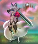  2016 4_toes 5_fingers abs anthro armpits black_nose black_sclera blue_eyes bulge canine clothing digitigrade fingerless_gloves fox front_view fur girly gloves grass grey_fur grey_hair hair hand_on_thigh long_hair male mammal melee_weapon multi_tail multicolored_hair pose sif smile solo standing sword thick_thighs thong toes two_tone_hair waarior weapon white_fur white_hair wide_hips 