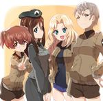  alisa_(girls_und_panzer) alknasn bangs beret black_jacket black_shirt black_shorts black_skirt blonde_hair blue_eyes blue_shorts brown_eyes brown_hair brown_jacket cowboy_shot denim denim_shorts dress_shirt emblem freckles girls_und_panzer hair_ornament hand_on_another's_shoulder hand_on_hip hat highres jacket japanese_tankery_league_(emblem) kay_(girls_und_panzer) light_smile long_hair long_sleeves looking_at_viewer megumi_(girls_und_panzer) military military_uniform miniskirt multiple_girls naomi_(girls_und_panzer) necktie open_mouth pencil_skirt pose saunders_military_uniform school_connection selection_university_military_uniform shirt short_hair short_shorts short_twintails shorts side-by-side skirt smile standing star star_hair_ornament swept_bangs thighhighs twintails uniform v very_short_hair white_legwear 