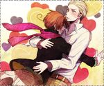  &amp;hat;_&amp;hat; ahoge axis_powers_hetalia blonde_hair blush brown_hair couple germany grey_eyes happy heart hug jacket north_italy pants scarf short_hair sweatdrop yaoi 