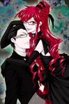  black_hair couple crossdressing curly_hair dress flower glasses gloves green_eyes grell_sutcliffe grey_eyes kuroshitsuji long_hair red_hair short_hair smile suit thighhighs william_t_spears yaoi 