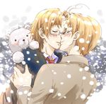  ahoge america axis_powers_hetalia blonde_hair blush canada couple glasses jacket kiss smile snow teddy tie winter yaoi 