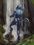  2016 anthro anus backsack balls bangaa butt chunie circumcised claws detailed_background digital_media_(artwork) digitigrade_feet final_fantasy flaccid hi_res humanoid_penis long_ears looking_at_viewer looking_back male muscular nude penis perineum scales scalie showering smile solo square_enix standing tattoo teeth thrakos toe_claws video_games water waterfall 