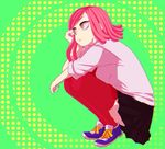  black_skirt boku_no_hero_academia closed_mouth crosshair full_body green_background hand_on_own_cheek hatsume_mei long_hair miniskirt nozaki_(23xxyn) orange_eyes pink_hair pleated_skirt red_legwear shirt shoes short_sleeves skirt sneakers solo squatting symbol-shaped_pupils thighhighs white_shirt zettai_ryouiki 