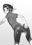  1boy agemono ass blush bulge cum cum_on_ass cum_on_body hat looking_at_viewer male_focus monochrome pokemon solo steam sweat yaoi 