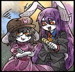  2girls :3 animal_ears annoyed black_border black_hair border bunny_ears bunny_tail crossed_arms dango dress eyebrows eyebrows_visible_through_hair flat_cap floppy_ears food formal hair_between_eyes hat inaba_tewi lavender_hair line_shading long_hair multiple_girls necktie open_mouth pink_dress puffy_short_sleeves puffy_sleeves red_eyes reisen_udongein_inaba short_sleeves smile squiggle suenari_(peace) suit sweatdrop tail touhou turn_pale very_long_hair wagashi white_skin yellow_neckwear 