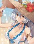  alternate_costume animal_ears asato_(fadeless) bare_shoulders braid breasts cat_ears cleavage collarbone ears_through_headwear erune flower granblue_fantasy hair_between_eyes hair_intakes hair_tubes hand_on_headwear hat hat_flower heles hibiscus large_breasts long_hair looking_at_viewer silver_hair single_braid smile solo sparkle straw_hat sun_hat upper_body very_long_hair yellow_eyes 