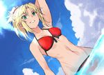  aqua_eyes arm_behind_head armpits bikini blonde_hair blue_sky breasts cleavage cloud day dutch_angle fate/apocrypha fate/grand_order fate_(series) from_below grin looking_at_viewer mayuge1017 medium_breasts mordred_(fate)_(all) mordred_(swimsuit_rider)_(fate) navel ocean outdoors partially_submerged ponytail red_bikini sky smile solo swimsuit wet 