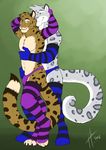  2016 anthro arm_warmers black_fur bulge claws clothing digitigrade feline fur green_eyes grey_fur hufnaar legwear leopard male male/male mammal navel simple_background smile snow_leopard spooning spots tan_fur teal_eyes thigh_highs thong white_fur 