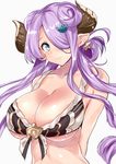  absurdres arms_behind_back bikini blue_eyes blush breasts cleavage collarbone commentary_request demon_horns draph front-tie_bikini front-tie_top granblue_fantasy hair_ornament hair_over_one_eye hair_rings highres horns large_breasts lavender_hair long_hair looking_at_viewer narmaya_(granblue_fantasy) pointy_ears sankakusui shiny shiny_skin simple_background smile solo swimsuit white_background white_bikini 