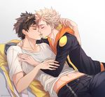  2boys blonde_hair blush eyes_closed gloves kiss lying male_focus multiple_boys pokemon pokemon_(game) pokemon_go spark_(pokemon) tagme 