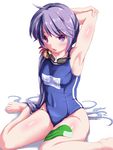  akebono_(kantai_collection) alternate_costume armpits bare_arms bare_legs barefoot bell blue_swimsuit blush breasts chestnut_mouth eyebrows eyebrows_visible_through_hair flower full_body goggles goggles_around_neck hair_bell hair_flower hair_ornament highres jingle_bell kantai_collection kudou_maimu long_hair looking_at_viewer new_school_swimsuit one-piece_swimsuit open_mouth purple_eyes purple_hair school_swimsuit side_ponytail sitting small_breasts solo stretch swim_cap swim_cap_removed swimsuit thighs toes very_long_hair wariza 