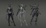  1girl 3d ass body_suit breasts female full_body gradient gradient_background mecha multiple_views shengyi_sun tail 
