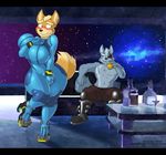  2016 alcohol beverage boots breasts bulge clothing crossgender dracojeff eye_patch eyewear footwear fox_mccloud invalid_tag looking_back male nintendo pants romantic_couple smile space star_fox suit video_games whiskey window wolf_o&#039;donnell 