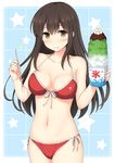  akagi_(kantai_collection) bad_id bad_pixiv_id bare_arms bare_shoulders bikini black_hair blush breasts brown_eyes cleavage collarbone cowboy_shot front-tie_bikini front-tie_top holding holding_spoon kantai_collection long_hair looking_at_viewer medium_breasts nakamura_sumikage navel red_bikini saliva shaved_ice side-tie_bikini solo spoon star starry_background stomach swimsuit 