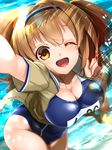  ;d arm_at_side breasts cleavage from_above hair_between_eyes hairband i-26_(kantai_collection) kantai_collection large_breasts light_brown_eyes light_brown_hair long_hair looking_at_viewer name_tag new_school_swimsuit one-piece_swimsuit one_eye_closed open_clothes open_mouth outstretched_arm reaching_out sailor_collar school_swimsuit smile solo swimsuit swimsuit_under_clothes thighs two-tone_hairband two_side_up youmou_usagi 