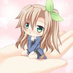  blush bow brown_hair chibi green_eyes hair_bow hair_ornament if_(choujigen_game_neptune) in_palm long_hair looking_at_viewer neptune_(series) open_mouth ribbon side_ponytail sitting solo wariza whitey 