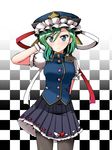  aqua_eyes asymmetrical_hair black_legwear checkered checkered_background epaulettes gloves green_hair grey_skirt hair_between_eyes hand_in_hair hat hat_ribbon looking_at_viewer mono_(mono60) pantyhose pleated_skirt ribbon ribbon_trim shiki_eiki short_sleeves skirt solo touhou 